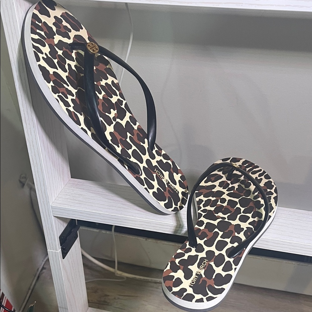 Tory Burch Animal Print Flip Flops with Black Straps